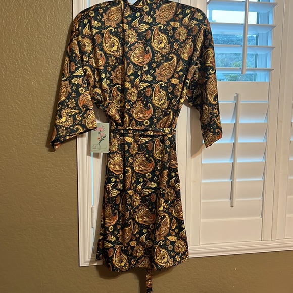 Women’s Robe Short Open Front With Tie Size Medium Kimono Green.& Yellow - Picture 7 of 9